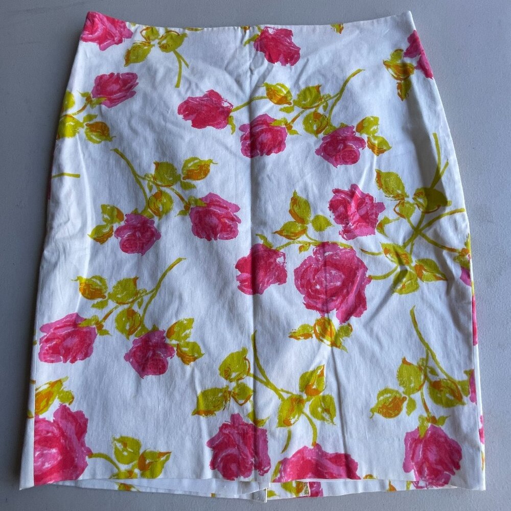 Vtg 90s Ann Taylor Floral Cotton Petite Skirt 12P Pink Rose Coquette Aesthetic